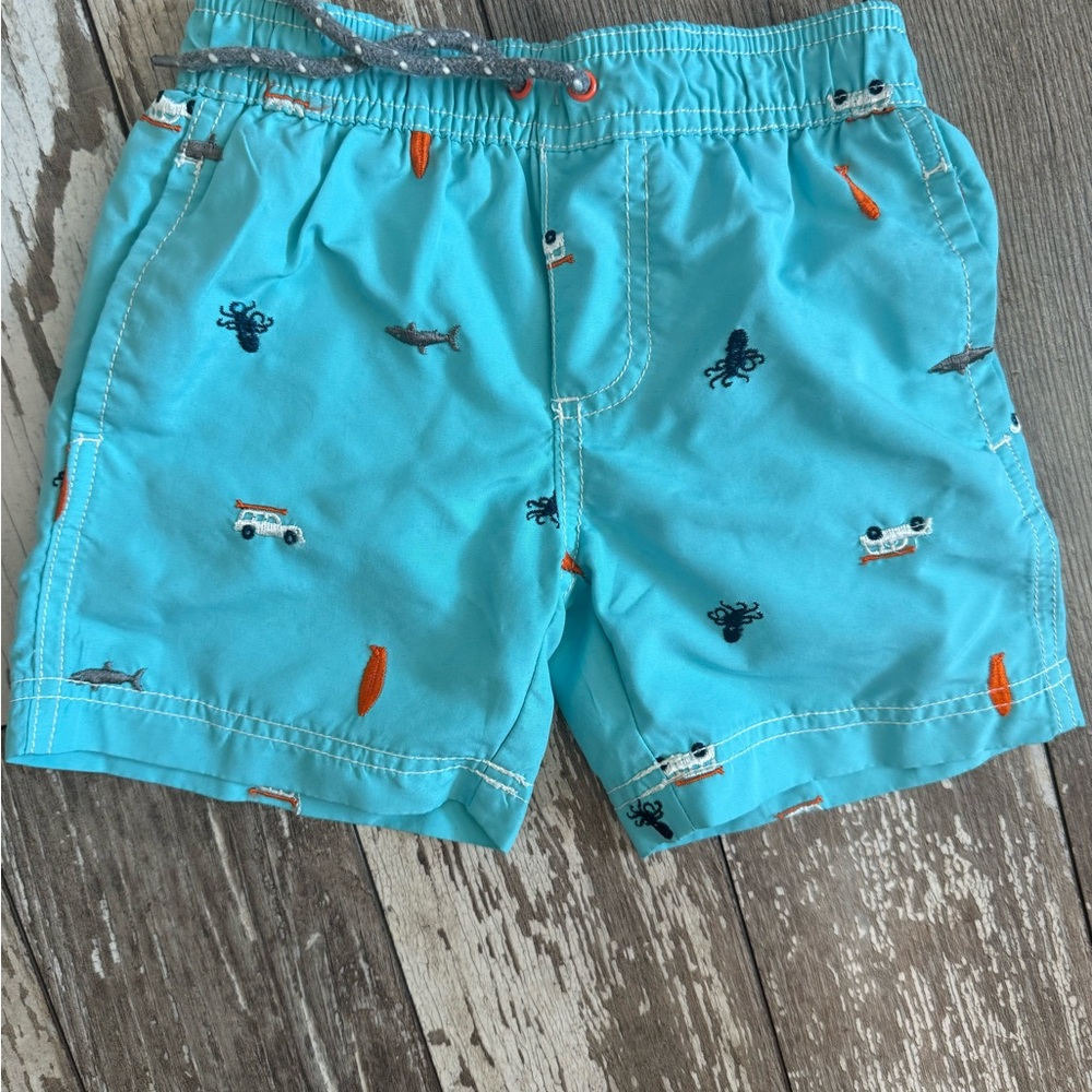 Blue Kids Swim Shorts with Sea Creature Embroidery